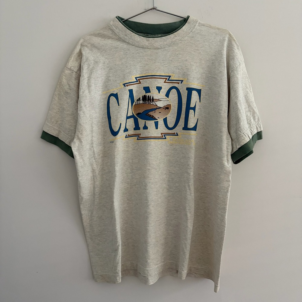 Vintage Alore Canoe Graphic T Shirt Mens XL Gray Double Neck Made in USA